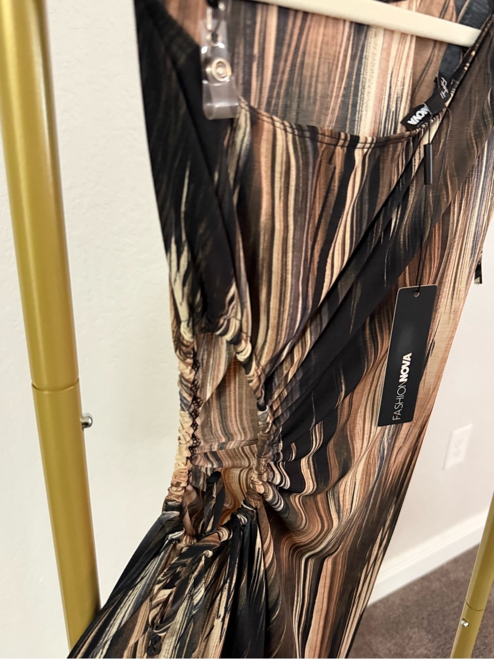 Fashion Nova Brown Black Swirl Mesh Asymmetrical Midi Dress Med NWT - Picture 5 of 6